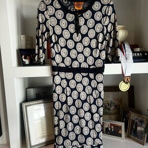 Tory Burch Navy and Cream Circular Print Midi Dress
